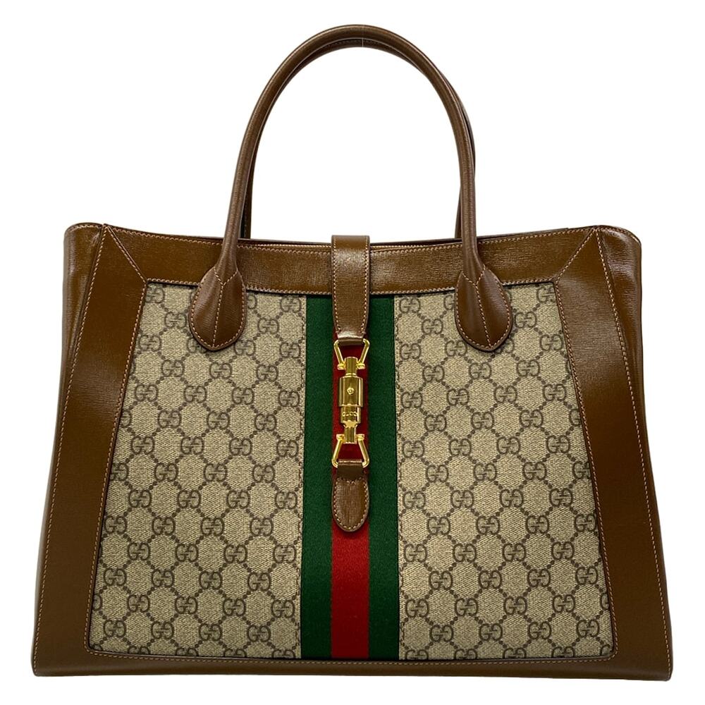 Gucci Jackie 1961 Large Tote Tote Bag 649015 Beige Dark Brown Multi PVC Leather